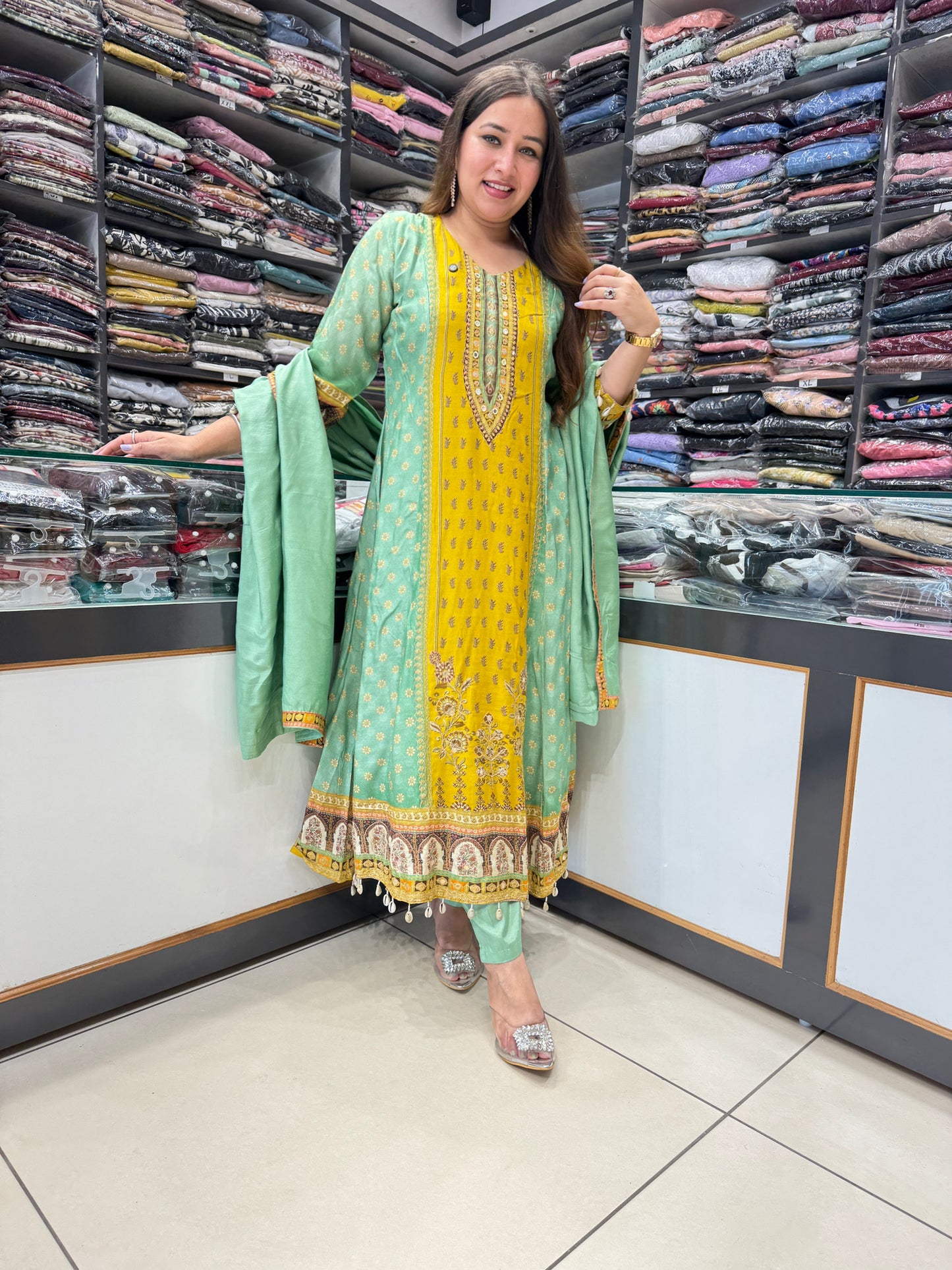 Designer Frock Style Suit with Shell Work.