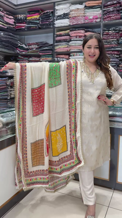 Premium Ivory Shimmer Silk Banarasi 3-Piece Suit Set with Heavy Mirror & Swarovski Work Dupatta